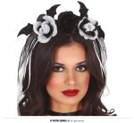 DIADEMA CON FLORES NEGRAS Y BLANCA CON VELO