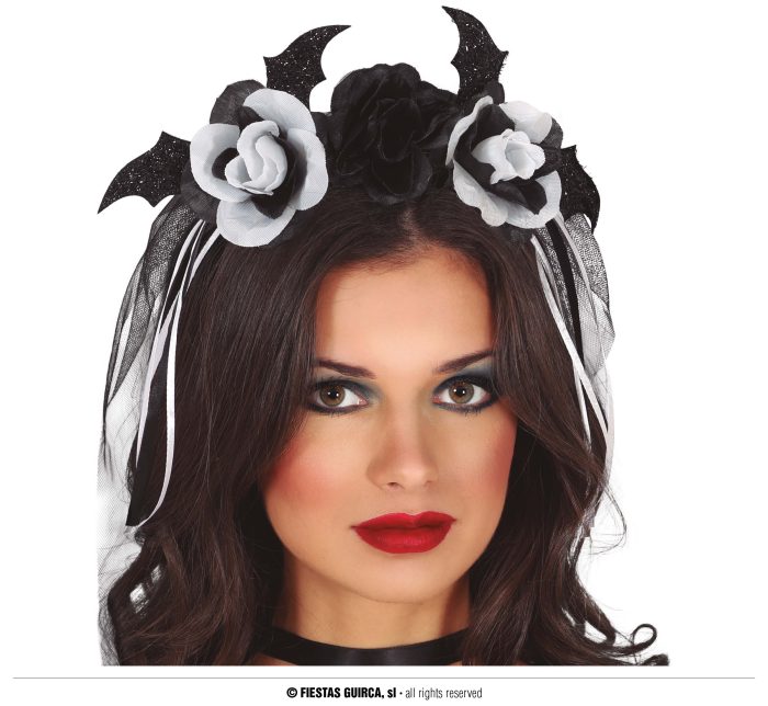 DIADEMA CON FLORES NEGRAS Y BLANCA CON VELO