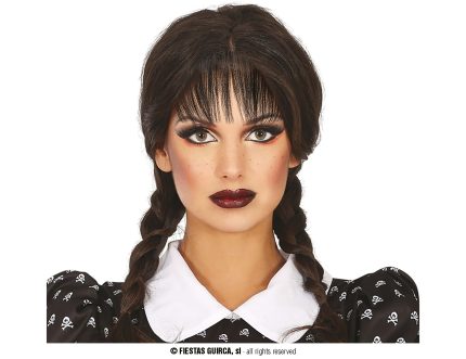 PELUCA TRENZAS NEGRAS CON FLEQUILLO EN CAJA